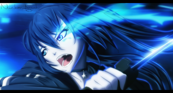 Anime picture 1457x787 with black rock shooter black rock shooter (character) nuclearagent single long hair open mouth blue eyes black hair wide image coloring glowing letterboxed glowing eye (eyes) angry girl weapon sword katana