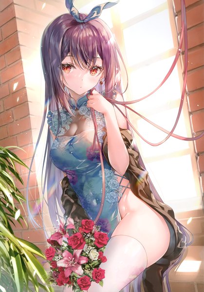 Anime-Bild 2096x3002 mit original miwabe sakura single long hair tall image looking at viewer fringe highres breasts light erotic hair between eyes brown hair sitting traditional clothes sunlight scan off shoulder covered navel chinese clothes backlighting