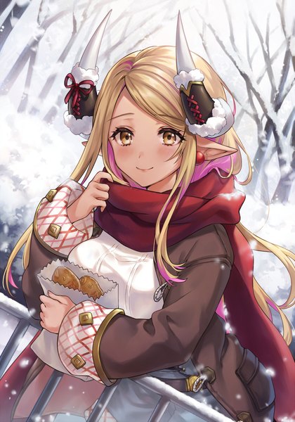 Anime picture 839x1200 with granblue fantasy kumbhira (granblue fantasy) shiao single long hair tall image blush blonde hair smile brown eyes looking away outdoors multicolored hair pointy ears two-tone hair streaked hair snow bare tree adjusting clothes draph