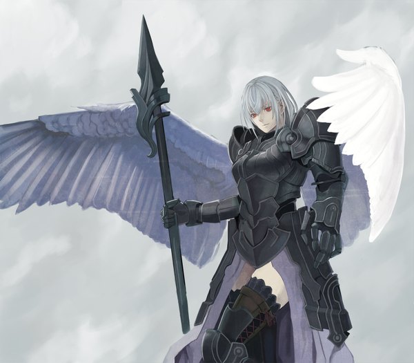 Anime picture 1600x1400 with damegane single short hair simple background red eyes sky grey hair angel wings angel girl thighhighs weapon wings armor