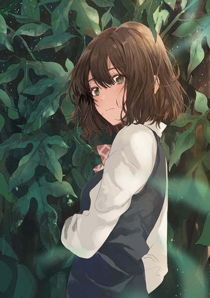 Anime picture 661x936 with original fly (marguerite) single tall image blush fringe short hair hair between eyes brown hair green eyes looking away upper body looking back sunlight depth of field messy hair girl plant (plants) shirt white shirt