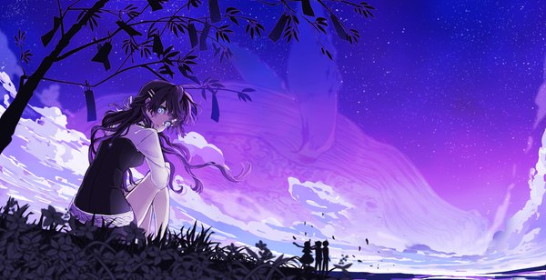 Аниме картинка 1643x844 с оригинальное изображение aoi sakurako длинные волосы смотрит на зрителя чёлка голубые глаза чёрные волосы широкое изображение сидит облако (облака) на улице оглядывается ветер сзади ночь ночное небо solo focus силуэт сюрреалистичный танабата
