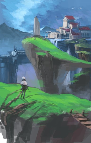 Anime picture 1063x1654 with original paradise (character) swd3e2 single tall image short hair looking away purple hair landscape scenic sketch girl thighhighs dress black thighhighs animal bird (birds) building (buildings) mantle bridge