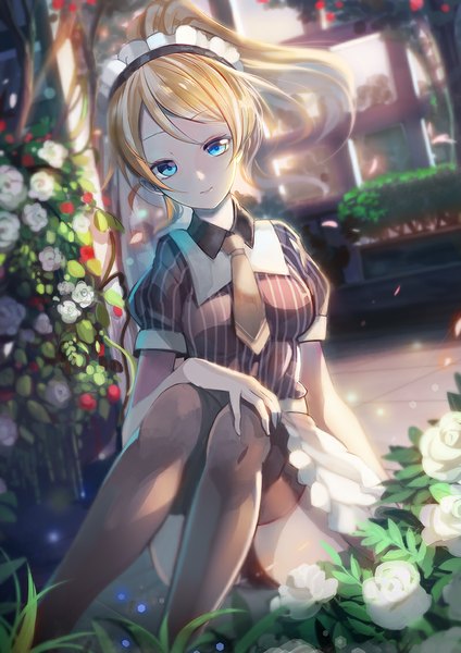 Anime picture 800x1131 with love live! school idol project sunrise (studio) love live! ayase eli fuyouchu single long hair tall image looking at viewer blue eyes light erotic blonde hair sitting ponytail maid pantyshot pantyshot sitting girl thighhighs skirt