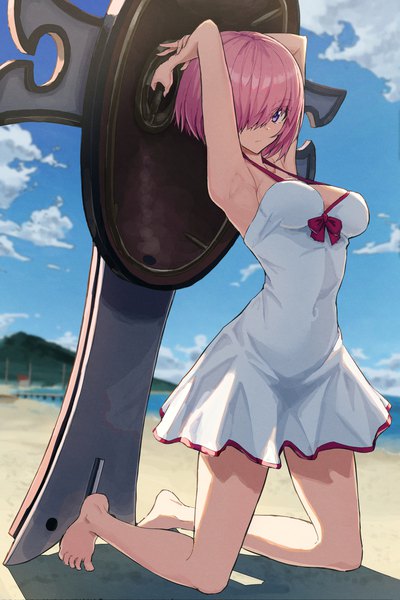 Anime picture 1163x1744 with fate (series) fate/grand order mash kyrielight mash kyrielight (swimsuit of perpetual summer) ichi yoshida single tall image looking at viewer fringe short hair breasts light erotic large breasts purple eyes holding pink hair sky cleavage cloud (clouds) full body