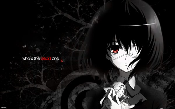 Anime picture 1280x800 with another p.a. works misaki mei single short hair black hair red eyes wide image inscription dark background girl eyepatch