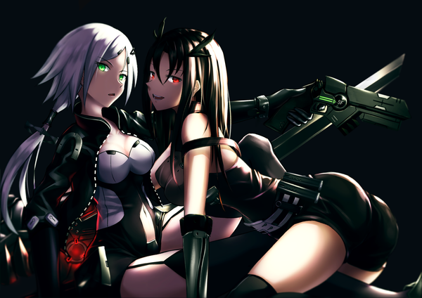 Anime picture 1500x1060 with girls frontline hunter (girls frontline) executioner (girls frontline) lodbyy long hair looking at viewer fringe breasts open mouth light erotic black hair simple background smile hair between eyes red eyes sitting multiple girls holding green eyes ponytail
