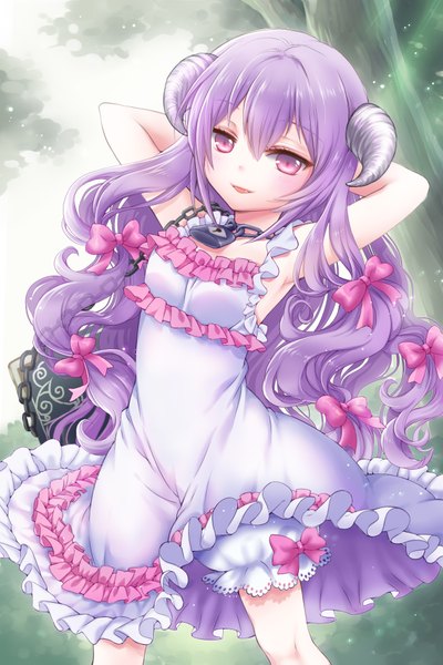 Anime picture 1280x1919 with sword girls bittersweet (dalcoms) single long hair tall image open mouth purple eyes purple hair horn (horns) girl dress bow hair bow frills chain lock