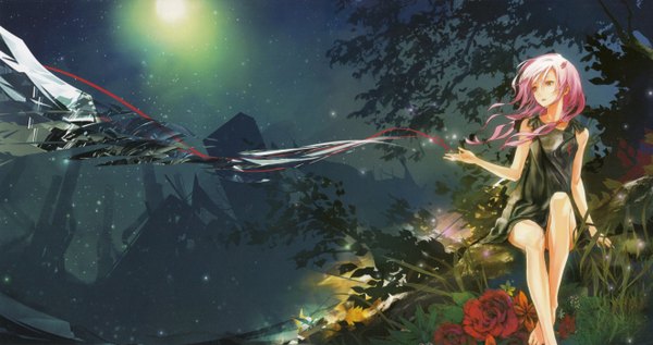 Anime picture 2643x1400 with guilty crown production i.g yuzuriha inori redjuice single long hair highres red eyes wide image sitting pink hair bent knee (knees) barefoot night bare legs crossed legs girl hair ornament flower (flowers) plant (plants)