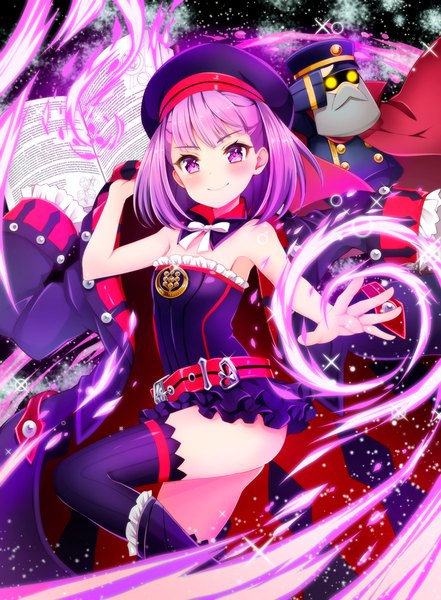 Anime picture 735x1000 with fate (series) fate/grand order helena blavatsky (fate) colonel olcott (fate/grand order) pilokey single tall image looking at viewer blush fringe short hair light erotic smile standing purple eyes bare shoulders holding purple hair outstretched arm magic