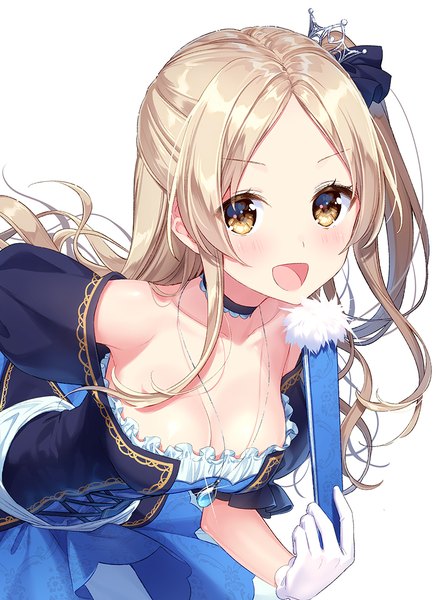 Anime picture 800x1091 with original masuishi kinoto single long hair tall image looking at viewer blush breasts open mouth simple background blonde hair white background bare shoulders holding yellow eyes cleavage :d off shoulder official art short sleeves