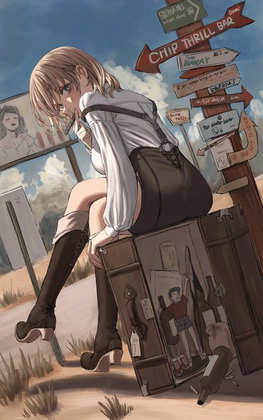 Anime-Bild 1772x2825 mit original gold can single long hair tall image looking at viewer blush fringe highres breasts blonde hair hair between eyes sitting sky cloud (clouds) full body outdoors long sleeves looking back from behind