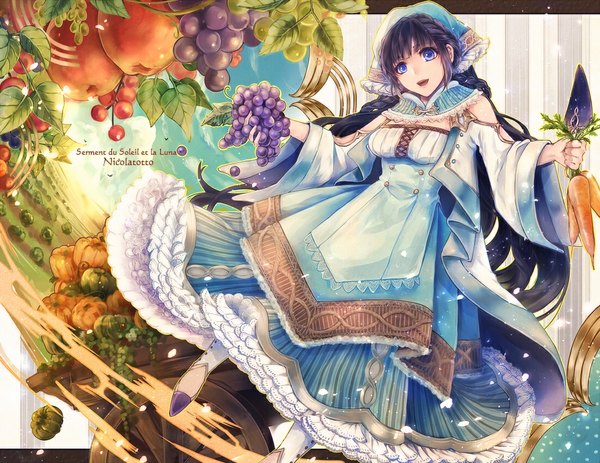 Anime picture 1100x850 with original kuina (escapegoat) single long hair looking at viewer open mouth blue eyes black hair girl dress food berry (berries) vegetables pumpkin carrot grapes