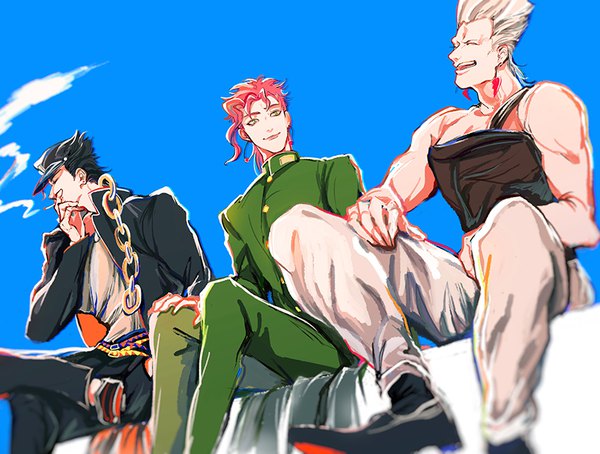 Anime picture 818x620 with jojo no kimyou na bouken kujo jotaro kakyoin noriaki jean pierre polnareff mizudama short hair black hair simple background smile sitting bare shoulders white hair red hair eyes closed multiple boys blue background smoke muscle smoking hand on knee