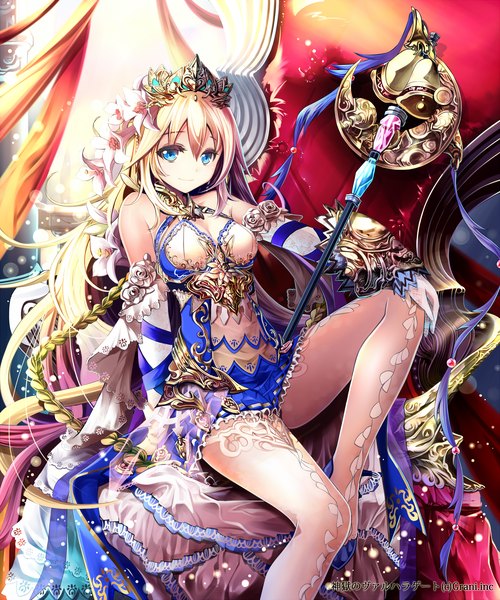 Anime picture 2000x2400 with shingoku no valhalla gate original sho (runatic moon) long hair tall image looking at viewer highres blue eyes blonde hair smile sitting bare shoulders cleavage braid (braids) hair flower arm support official art single braid girl gloves