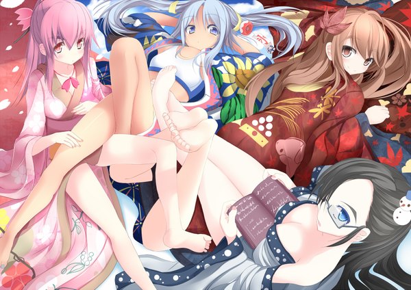 Anime picture 1770x1253 with original sukage long hair highres blue eyes light erotic black hair red eyes brown hair multiple girls brown eyes pink hair silver hair japanese clothes barefoot legs girl detached sleeves glasses kimono
