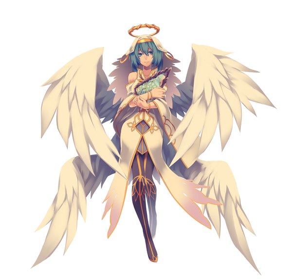 Anime picture 1333x1278 with original matsuda toki single looking at viewer blue eyes simple background smile white background holding blue hair bent knee (knees) light smile angel wings walking white wings angel multiple wings girl wings halo