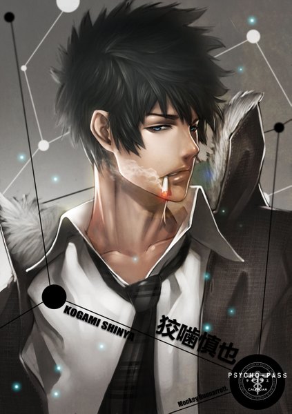Anime picture 1989x2822 with psycho-pass production i.g kougami shin'ya monkey (weibo) single tall image highres short hair blue eyes black hair signed realistic inscription grey background open clothes open jacket smoke smoking spiked hair boy