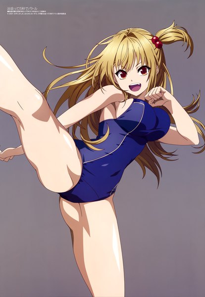 Anime picture 4094x5937 with deatte 5-byou de battle megami magazine amakage yuuri tagme (artist) single long hair tall image highres breasts open mouth light erotic simple background blonde hair red eyes large breasts standing absurdres :d scan grey background