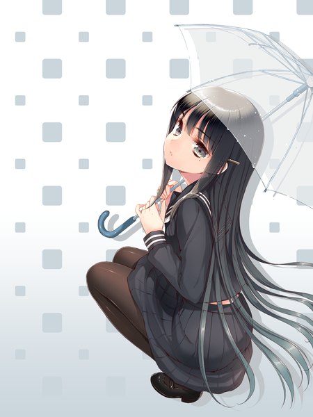 Anime picture 1536x2048 with hinabita shimotsuki rin cuteg single long hair tall image looking at viewer black hair simple background sitting holding full body bent knee (knees) parted lips pleated skirt looking back mole grey eyes mole under eye gradient background