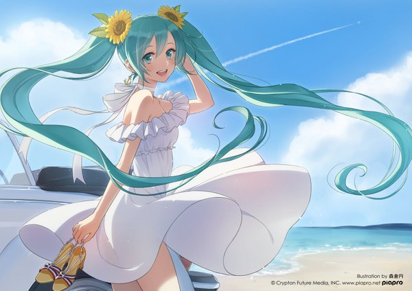 Anime picture 1637x1157 with vocaloid hatsune miku morikura en single blush fringe open mouth hair between eyes twintails bare shoulders signed looking away sky cloud (clouds) very long hair :d hair flower aqua eyes wind aqua hair