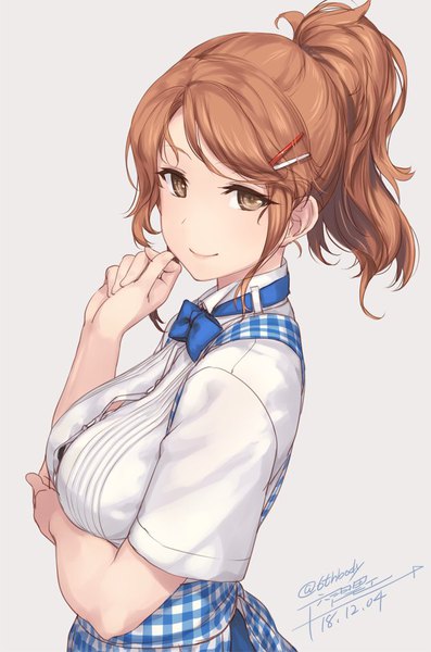 Anime picture 629x950 with kantai collection aquila (kantai collection) rokuwata tomoe single long hair tall image looking at viewer breasts simple background smile brown hair brown eyes signed upper body ponytail twitter username dated breast hold girl uniform