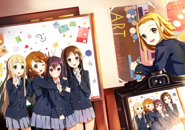 Anime picture 1319x930 with k-on! kyoto animation akiyama mio hirasawa yui nakano azusa kotobuki tsumugi tainaka ritsu samizuban long hair looking at viewer blush short hair open mouth blue eyes black hair blonde hair red eyes brown hair multiple girls brown eyes