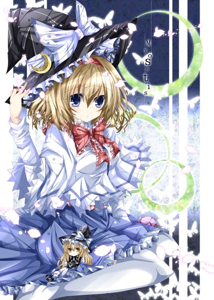 Anime picture 1000x1398 with touhou kirisame marisa patchouli knowledge alice margatroid nanase nao tall image short hair blue eyes blonde hair chibi girl thighhighs dress bow petals white thighhighs frills bowtie insect butterfly