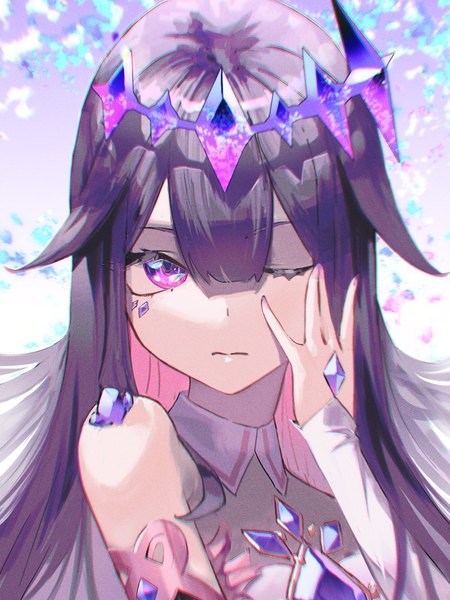 Anime picture 1200x1600 with virtual youtuber hololive hololive english koseki bijou reon single long hair tall image looking at viewer fringe hair between eyes purple eyes bare shoulders purple hair upper body blunt bangs long sleeves nail polish one eye closed arm up