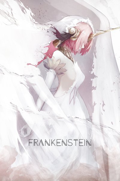 Anime picture 1339x2007 with fate (series) fate/apocrypha frankenstein's monster (fate) marumoru single tall image short hair light erotic bare shoulders pink hair head tilt profile horn (horns) character names sideboob girl dress gloves elbow gloves white gloves