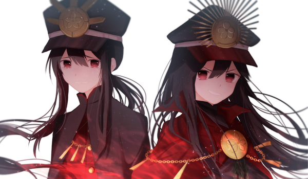 Anime picture 2916x1704 with fate (series) fate/grand order oda nobunaga (fate) (all) oda nobunaga (fate) oda nobukatsu (fate) umeko 208 long hair looking at viewer fringe highres black hair simple background smile hair between eyes red eyes wide image white background payot upper body tears