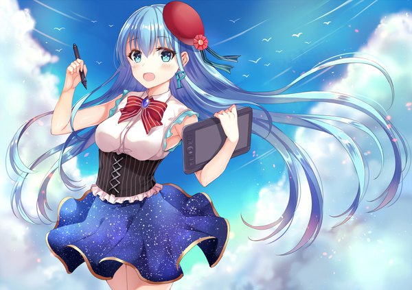 Anime picture 1000x706 with original pixiv pixiv-tan harimoji single long hair looking at viewer blush fringe open mouth blue eyes smile hair between eyes blue hair sky cloud (clouds) outdoors wind sleeveless underbust