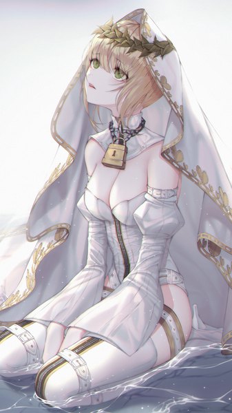 Anime picture 1125x2000 with fate (series) fate/extra fate/extra ccc nero claudius (fate) nero claudius (bride) (fate) orecalc3092 single tall image blush fringe short hair breasts open mouth light erotic simple background blonde hair hair between eyes large breasts sitting green eyes
