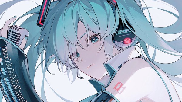 Anime picture 1024x576 with vocaloid hatsune miku hatsune miku (vocaloid3) heridy single long hair wide image twintails looking away upper body nail polish aqua eyes aqua hair aqua nail polish girl detached sleeves headphones microphone headset
