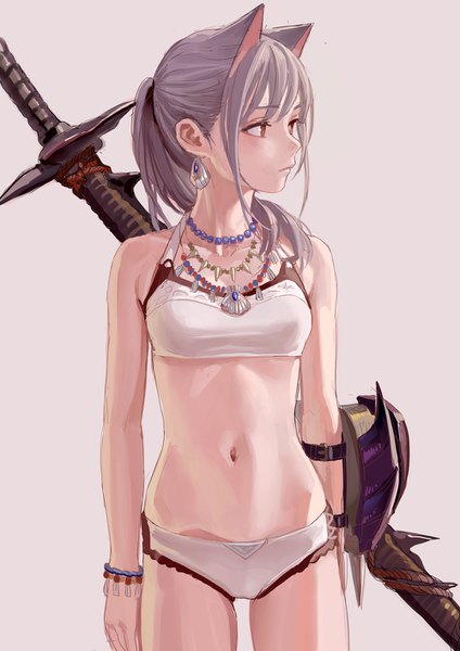 Anime picture 1000x1415 with monster hunter monster hunter: world original feiqizi (fkey) fkey single long hair tall image fringe breasts light erotic simple background red eyes standing bare shoulders animal ears payot looking away silver hair ponytail