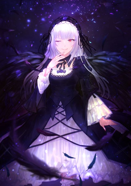 Anime-Bild 2508x3541 mit rozen maiden suigintou hekiyama yurika single long hair tall image looking at viewer fringe highres smile red eyes standing silver hair long sleeves one eye closed puffy sleeves glowing dark background lolita fashion hand to mouth