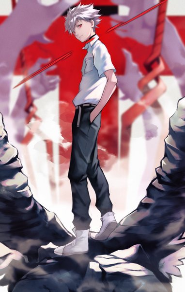 Anime picture 1275x2000 with neon genesis evangelion rebuild of evangelion evangelion: 3.0 you can (not) redo gainax nagisa kaworu yoshio (55level) single tall image looking at viewer fringe short hair red eyes standing silver hair full body head tilt depth of field hand in pocket boy uniform