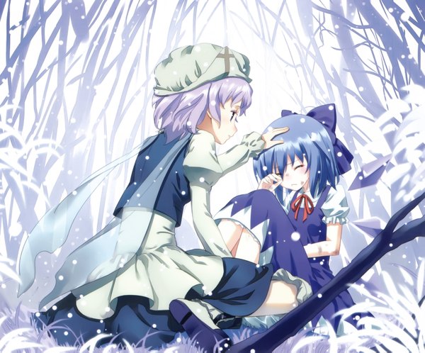 Anime picture 3051x2533 with touhou cirno letty whiterock highres multiple girls blue hair purple hair eyes closed winter crying girl bow 2 girls hat tree (trees) forest
