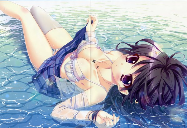Anime picture 2992x2048 with izumi tsubasu looking at viewer highres breasts light erotic purple eyes purple hair scan :o wet legs wet clothes thighhighs underwear panties white thighhighs lingerie bra pendant single thighhigh
