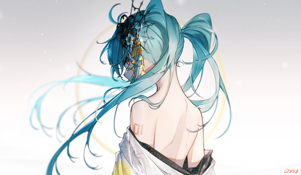Anime picture 2000x1166 with vocaloid hatsune miku qys3 single long hair looking at viewer highres red eyes wide image twintails signed upper body ahoge off shoulder aqua hair gradient background girl hair ornament kanzashi