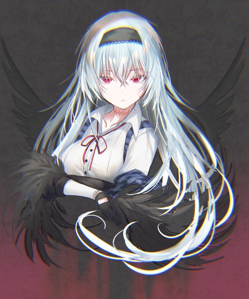 Anime picture 2000x2400 with girls frontline thunder (girls frontline) pottsness single long hair tall image looking at viewer fringe highres simple background hair between eyes red eyes silver hair upper body black background scar crossed arms open collar black wings expressionless