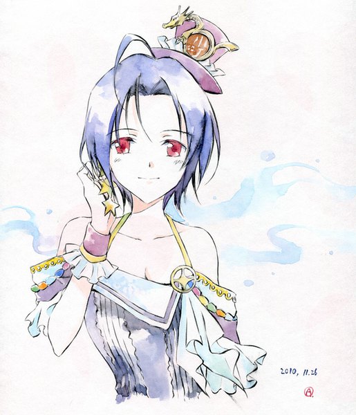 Anime picture 700x816 with idolmaster miura azusa agahari single tall image looking at viewer short hair smile red eyes bare shoulders purple hair ahoge dated traditional media watercolor (medium) palace of dragon (idolmaster) girl hat earrings wrist cuffs