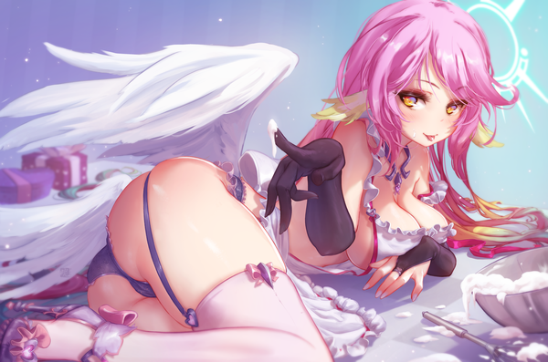 Anime picture 4368x2893 with no game no life madhouse jibril (no game no life) mitsu (mitsu art) single long hair blush fringe highres breasts light erotic simple background smile large breasts yellow eyes looking away pink hair absurdres cleavage ass