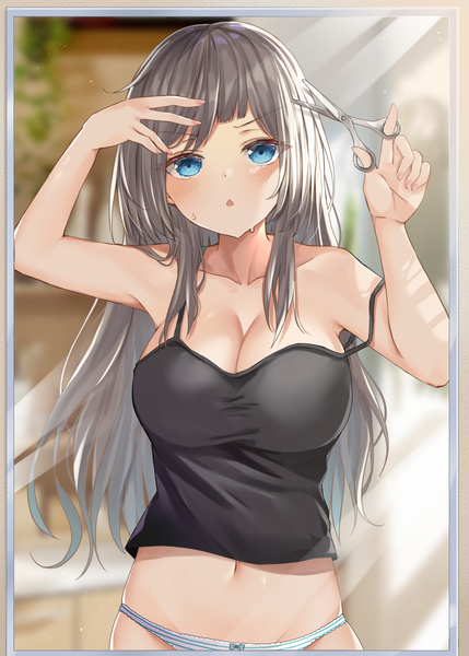 Anime picture 1500x2098 with original akino ell single long hair tall image looking at viewer blush fringe breasts open mouth blue eyes light erotic large breasts bare shoulders holding payot cleavage upper body fingernails grey hair