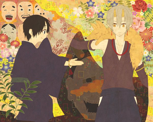 Anime picture 1280x1024 with original shoyu gyunyu (artist) short hair blue eyes black hair smile long sleeves traditional clothes japanese clothes horn (horns) pointy ears grey hair multiple boys orange eyes boy flower (flowers) plant (plants) detached sleeves earrings animal