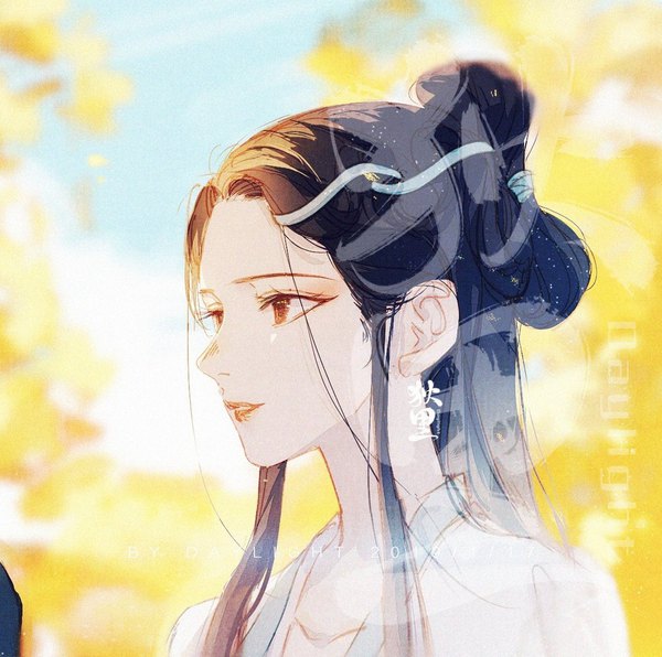 Anime picture 1148x1142 with baishe yuanqi xiao bai daylight919 single long hair black hair brown eyes signed payot looking away upper body parted lips blurry depth of field lipstick dated 2019 folded ponytail girl
