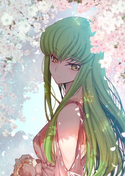 Anime picture 800x1130 with code geass sunrise (studio) c.c. creayus single long hair tall image fringe bare shoulders yellow eyes looking away upper body outdoors long sleeves green hair sunlight shadow alternate costume cherry blossoms tsurime