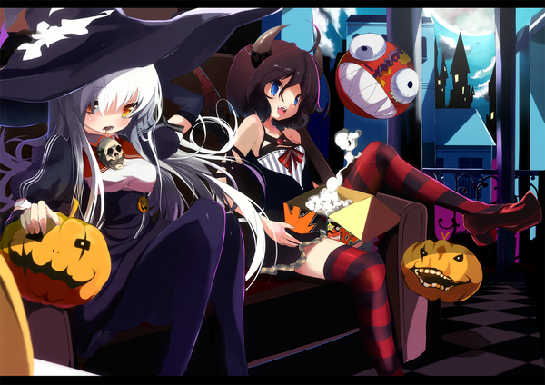 Anime picture 1400x991 with original cauliflower (artist) long hair short hair open mouth blue eyes brown hair multiple girls yellow eyes white hair horn (horns) halloween witch girl thighhighs 2 girls witch hat striped thighhighs skull vegetables