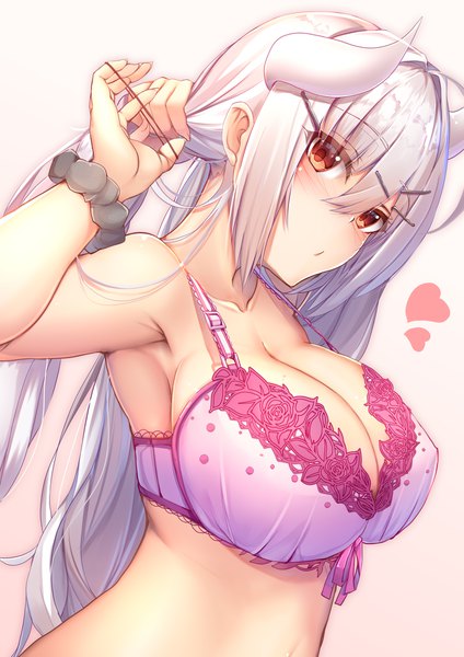 Anime picture 1414x2000 with original if (asita) single long hair tall image looking at viewer blush fringe breasts light erotic hair between eyes red eyes standing bare shoulders cleavage silver hair upper body horn (horns) arms up armpit (armpits)
