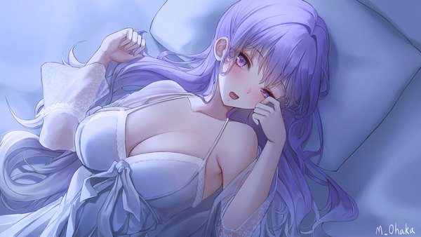 Anime picture 1920x1080 with original ame 816 single long hair looking at viewer blush fringe highres breasts open mouth light erotic wide image large breasts purple eyes signed cleavage purple hair upper body lying from above